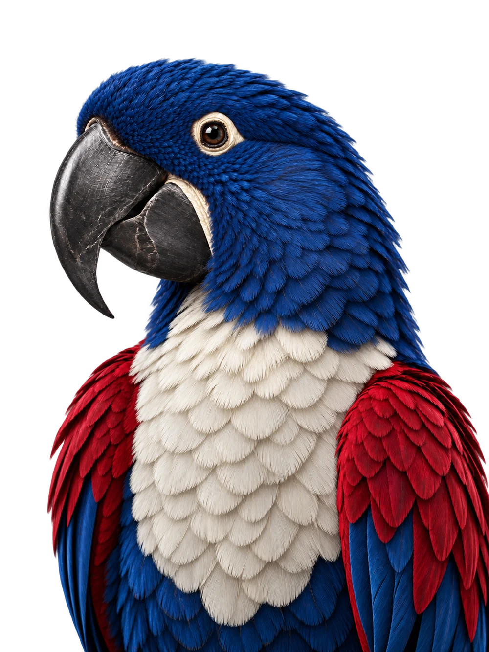 Payrot’s British blue, red and ivory-white macaw mascot